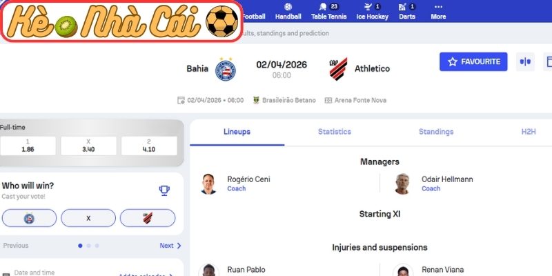 Soi kèo trận đấu Bahia vs Athletico Paranaense (06:00 02-04, VĐQG Brazil) 3 Kèo châu Á trận Bahia vs Athletico Paranaense (06:00 02-04, VĐQG Brazil)