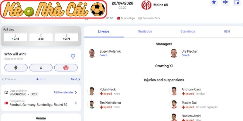 Soi kèo trận đấu Borussia M'gladbach vs Mainz 05 (00:30 20-04, Bundesliga) 3 Kèo châu Á trận Borussia M'gladbach vs Mainz 05 (00:30 20-04, Bundesliga)