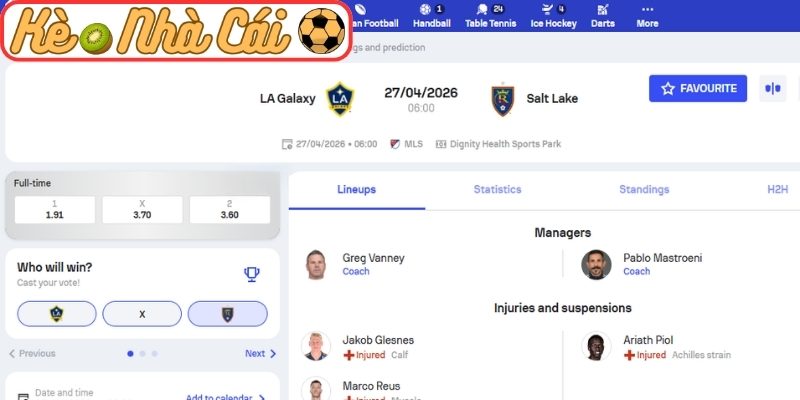 Soi kèo trận đấu LA Galaxy vs Real Salt Lake (06:00 27-04, MLS) 3 Kèo châu Á trận LA Galaxy vs Real Salt Lake (06:00 27-04, MLS)