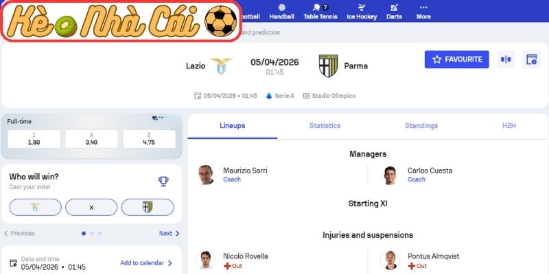 Soi kèo trận đấu Lazio vs Parma (01:45 05-04, Serie A) 3 Kèo châu Á trận Lazio vs Parma (01:45 05-04, Serie A)