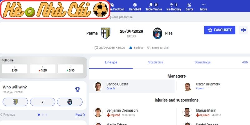 Soi kèo trận đấu Parma vs Pisa (20:00 25-04, Serie A) 3 Kèo châu Á trận Parma vs Pisa (20:00 25-04, Serie A)